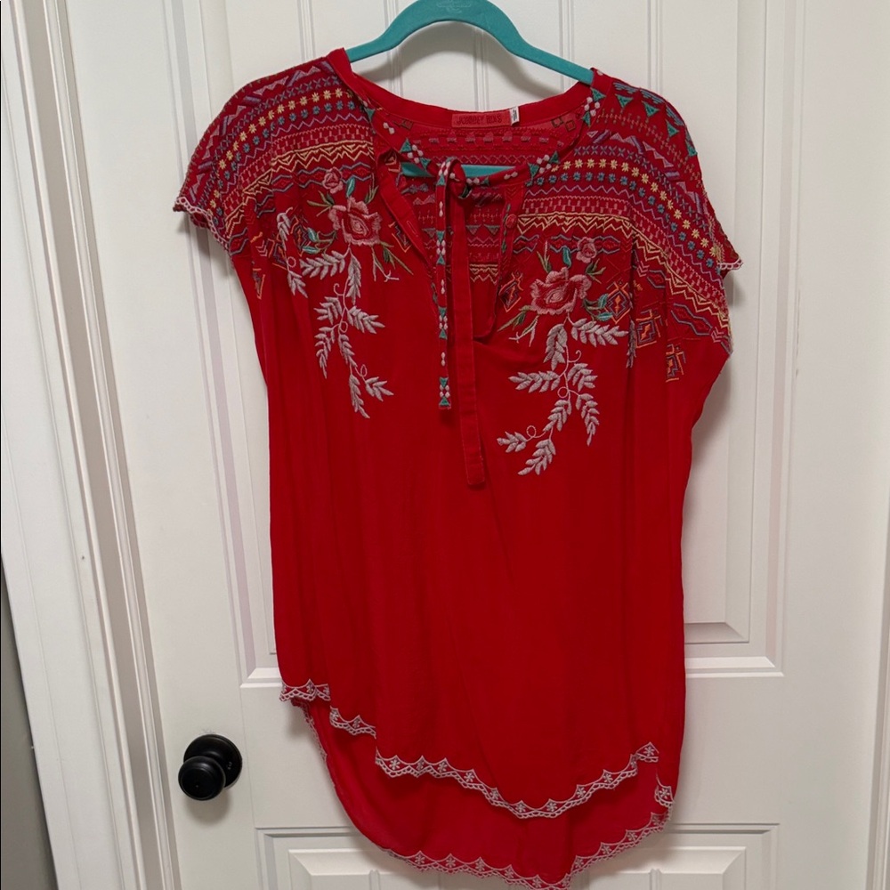 Johnny Was Red Embroidered Rayon Blouse